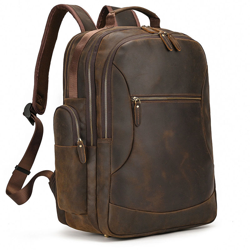 Men's Genuine Leather Backpack Retro Crazy Horse Leather Large Capacity Computer Bag Outdoor Travel Cowhide Backpack