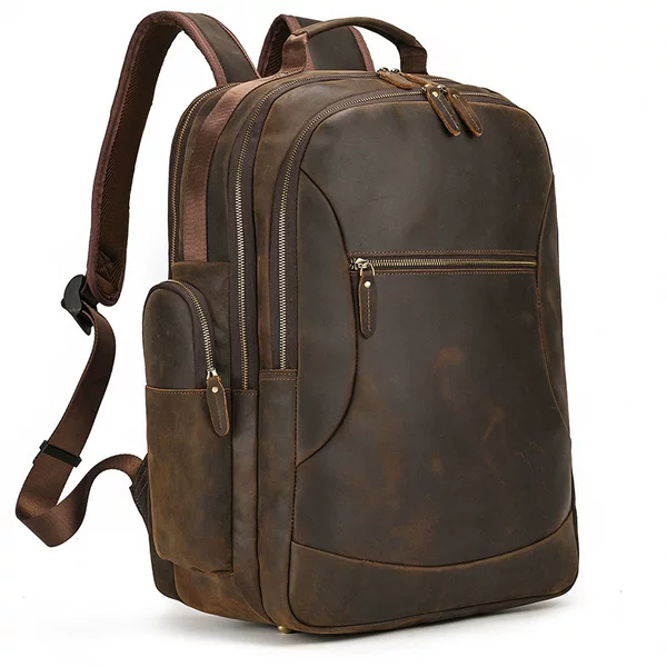 Men's Genuine Leather Backpack Retro Crazy Horse Leather Large Capacity Computer Bag Outdoor Travel Cowhide Backpack
