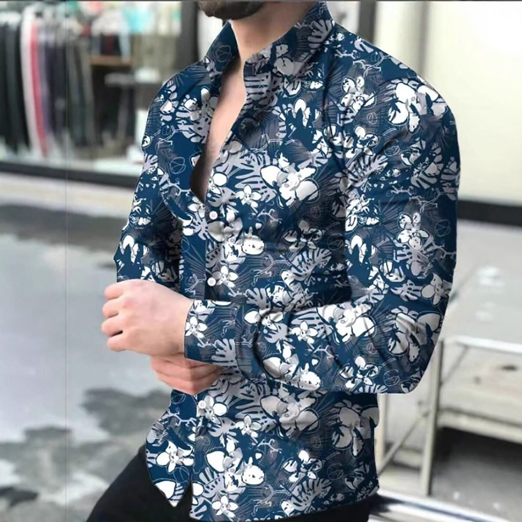 Moda todo fósforo color sólido tinta flor impresión digital 3D hombres primavera y otoño suelta camisa de botón de solapa de manga larga
