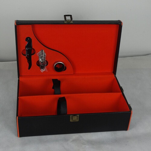 Rain Ying Crystal Double-Handle Leather Wine Box with Corkscrew, Wine Packaging Gift Box, Includes 3-Piece Wine Set