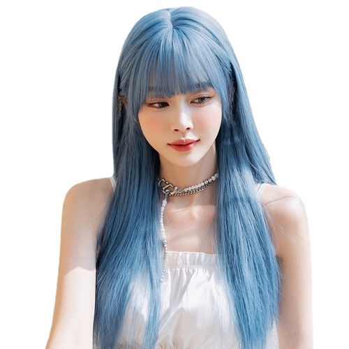 Wig female long straight hair cartoon white fish blue full headgear with bangs Internet celebrity natural simulation hair cover wholesale