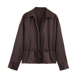 外贸新款欧美风 配腰带丝缎质感衬衫2094896