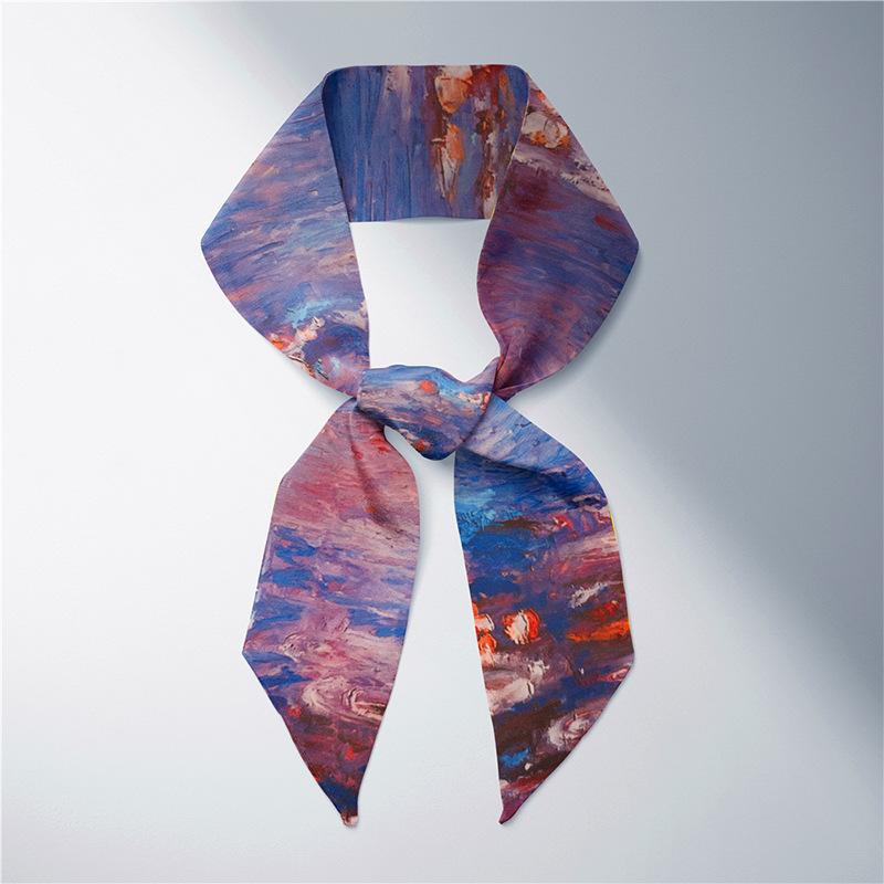 Verano larga pequeña bufanda de seda femenina Van Gogh campo de trigo cielo estrellado pintura al óleo delgada estrecha larga pequeña bufanda de seda corbata de pelo decoración femenina