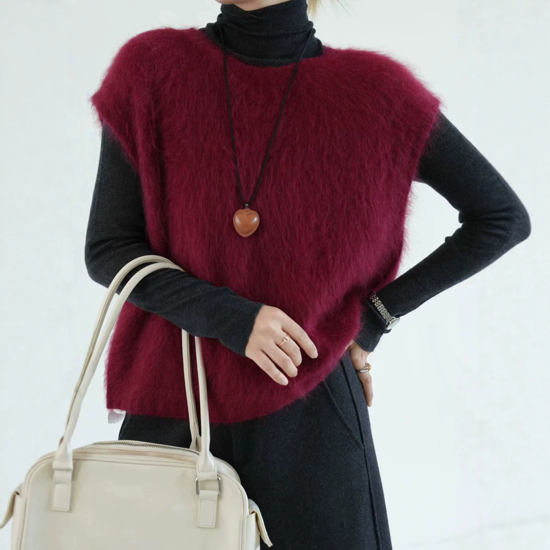 Brushed wool sweater knitted vest for women, 2026 autumn and winter, fluffy long-haired soft sleeveless vest for layering