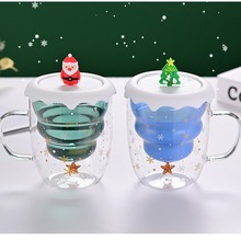 新款圣诞玻璃杯带盖双层隔热玻璃杯高颜值网红咖啡玻璃杯咖啡杯