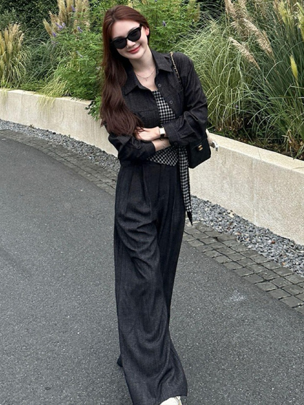 初秋超火穿搭一整套装女韩系气质松弛感格子背心外套阔腿裤三件套|undefined
