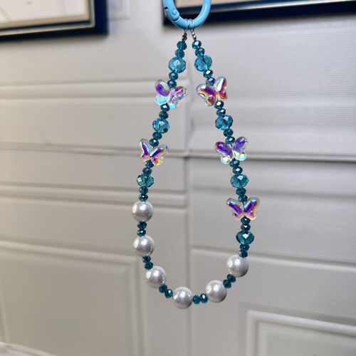 Minimalist Colorful Sparkling Butterfly Knot Clear Square Crystal Pearl Short Handmade Bead Bag Phone Chain Universal