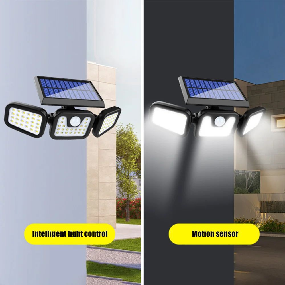 Inducción solar 74LED tres cabezas giratorias lámpara de pared luz al aire libre impermeable carretera iluminación de lámpara de calle