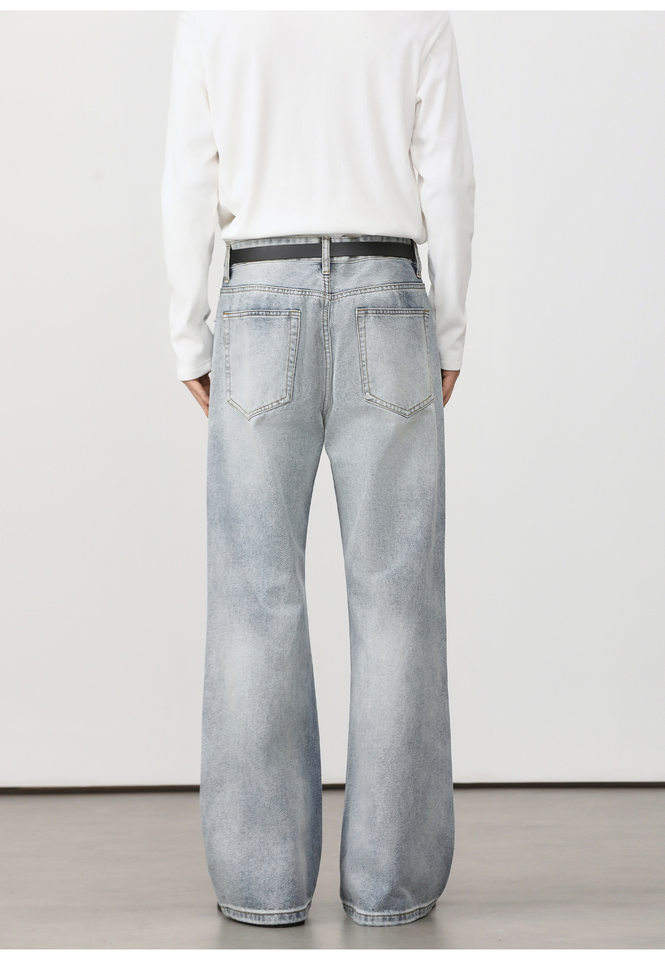 Quần jean nam ống loe nhẹ rách gối phong cách retro, dáng rộng ống suông tôn dáng, quần dài casual — Xanh nhạt, Xanh đậm chi tiết 26