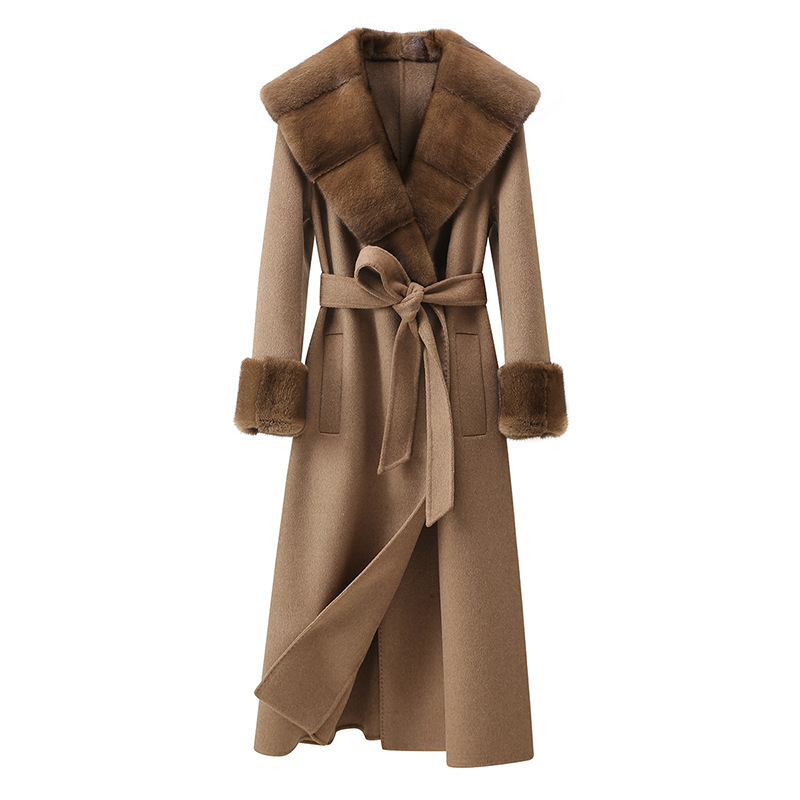 Imported primary color mink fur collar high-end double-sided cashmere coat women's long high-end sense wool coat old money style Imported primary color mink fur collar high-end double-sided cashmere coat women's long high-end sense wool coat old money style