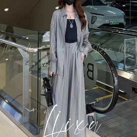 欧货炸街套装女夏季感轻薄气质显瘦防晒衬衫高腰阔腿裤两件套