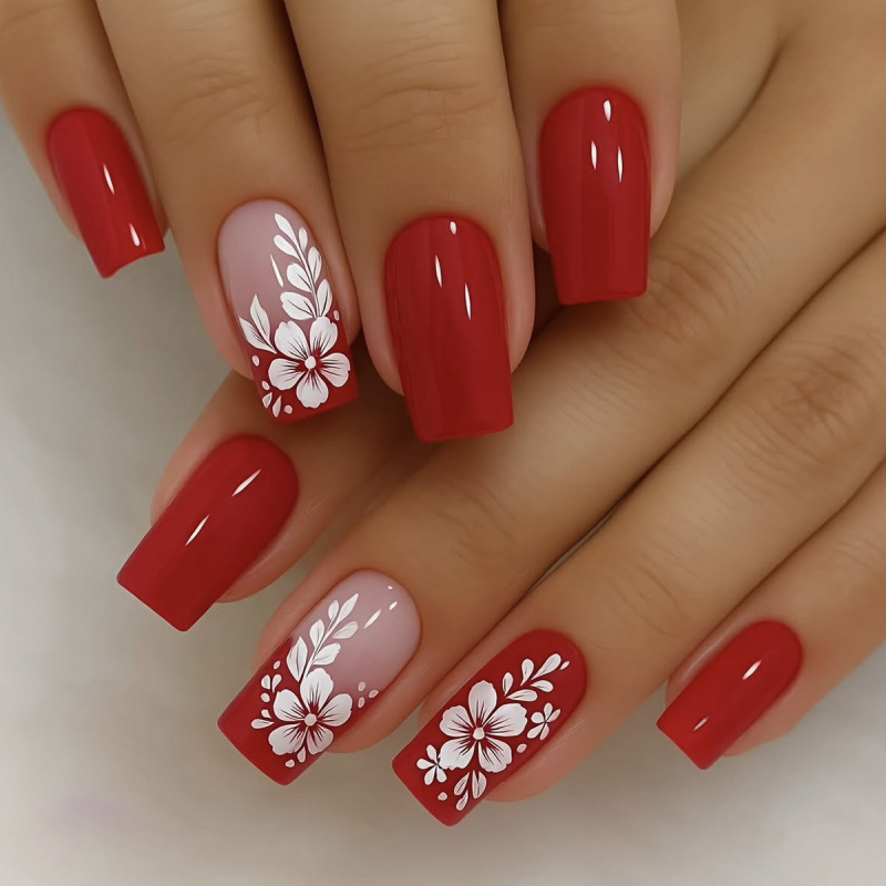 Wearable Nails European Square Red French White Flower Pattern Manicure Patches Removable Fake Nails Nails Wearable Nails European Square Red French White Flower Pattern Manicure Patches Removable Fake Nails Nails