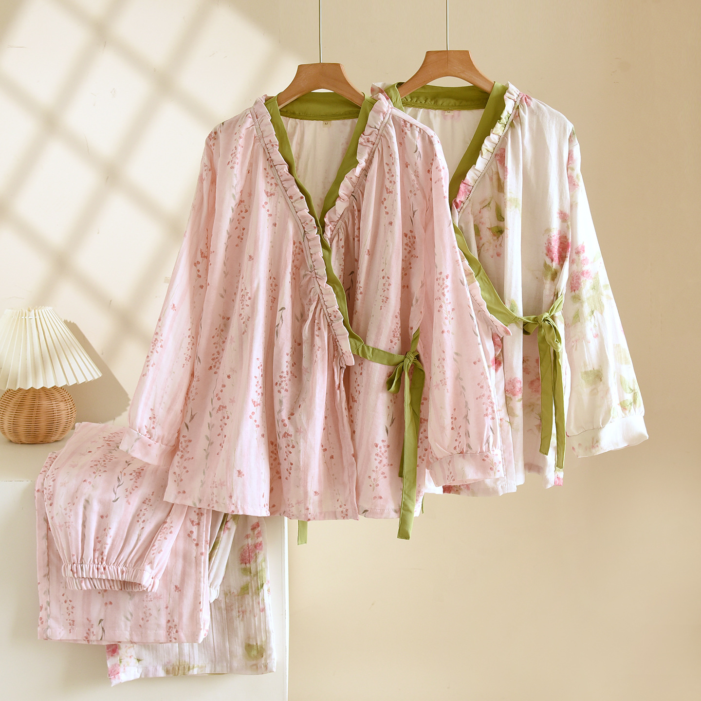 Pure Cotton Gauze Pajamas for Women Spring & Fall Thin Pink Garden Lace-Up Japanese Style Kimono Cotton Long-Sleeved Home Wear Set