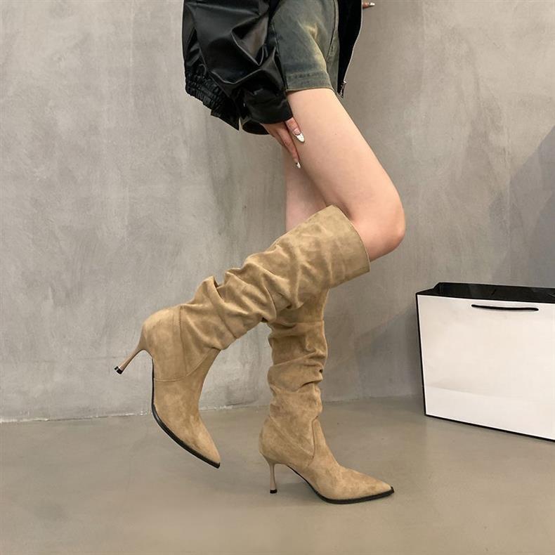 738-3 European and American Autumn and Winter New Style Stiletto Pointed Toe Boots Pleated Pile Boots Mid-Calf High Boots Women's Boots