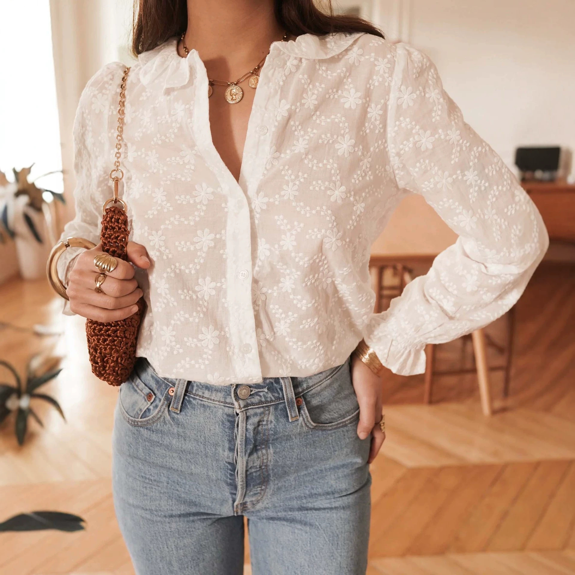 Comercio exterior Europa y América ropa de mujer primavera y otoño collar de loto francés camisa de algodón jacquard bordado camisa de temperamento de mujer