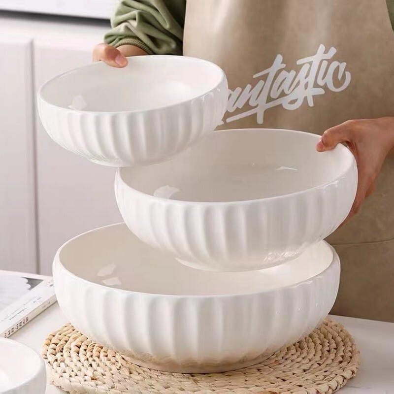 Pure White Large Soup Bowl, Extra-Large Soup Plate, Creative Pickled Fish Bowl, Large Noodle Bowl, Tableware, Ceramic Pumpkin Bowl, White Porcelain