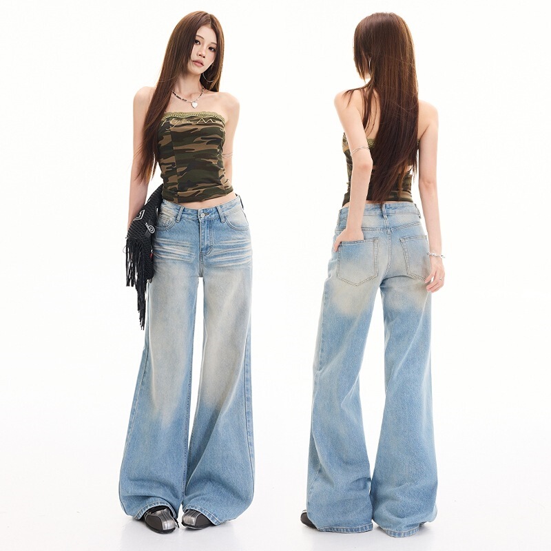 Washed haze blue heavy-duty washed creased distressed straight-leg women's jeans, floor-length pants, haze blue trousers, other