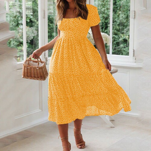 European and American AliExpress Wish Amazon popular style square neck puffed sleeve floral print dress long dress