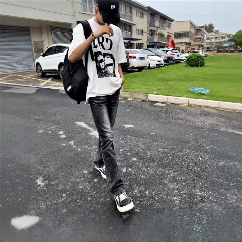 2024 трансграничный новый корейский тренд свободный прямой микро-рог джинсы мужской американский ретро прилив повседневные брюки