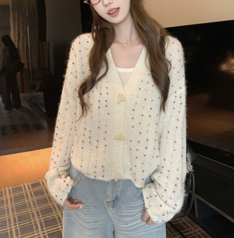 自留款推荐~设计感彩色亮片v领针织开衫女秋冬新款超漂亮毛衣外套|undefined