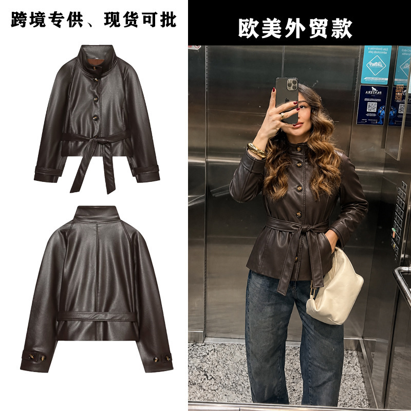 Foreign trade cross-border high-neck metal-buttoned fitted jacket with leather-effect padded shoulders, trench coat style outerwear 4391705 Foreign trade cross-border high-neck metal-buttoned fitted jacket with leather-effect padded shoulders, trench coat style outerwear 4391705