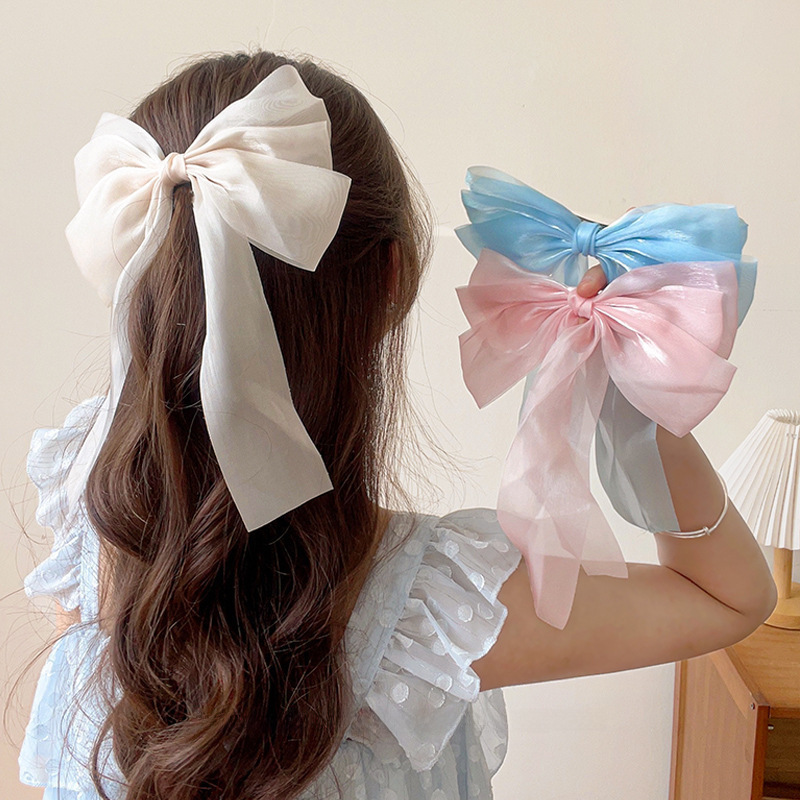 Cream sweet gauze bow hairpin super fairy top clip back head hairpin hair accessories spring clip yiwu wholesale_voghion.com