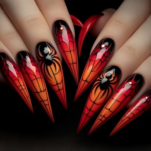 Halloween Fashion European and American Ins Style Round Toe Almond Nails Long Spider Web Red Fake Nail Patch Batch