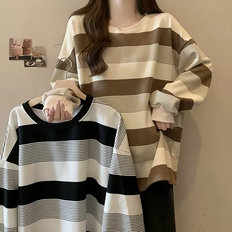 胖mm遮肚宽松上衣女美式复古条纹薄款卫衣2025新款秋显瘦学生t恤