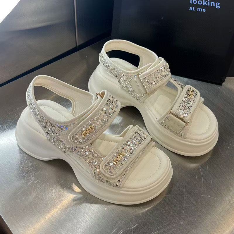 Sandalias deportivas de velcro para mujer 2025 nuevo verano ligero de suela gruesa zapatos romanos de lentejuelas antideslizantes zapatos de playa