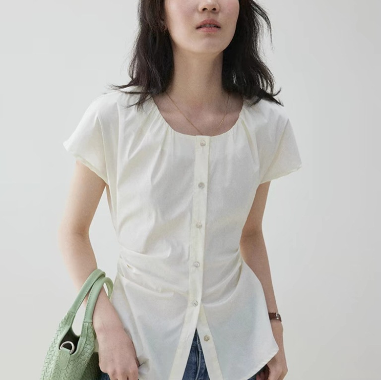 Mustard Pie Vooe1 Light Blue Slim-Fit Tie-Waist Cardigan Shirt for Women 26 Summer Pleated Slimming Top