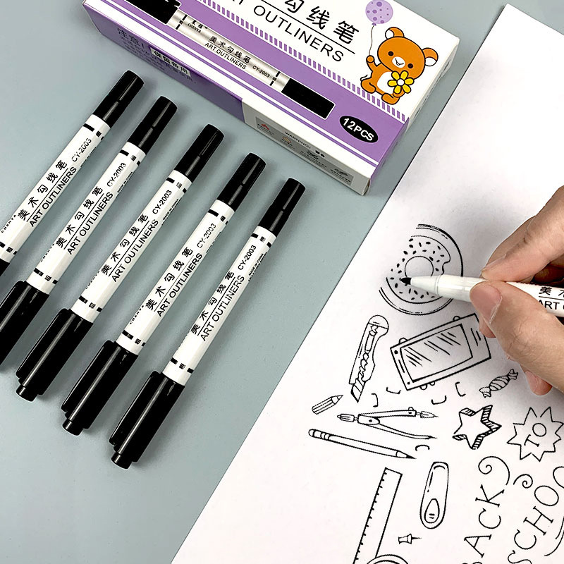 Small Double-headed Marker Black Art Hook Pen With Two Ends Sketch Oil Painting Stroke Thick And Thin Head Oily Hook Pen