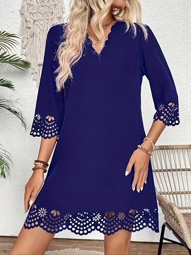 Elegant Women's Floral Lace Hollow Out Dress V Neck Cross-border