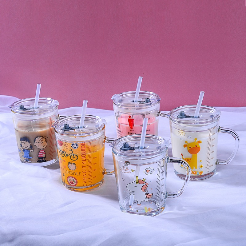 glass household children Water cup With cover Straw cup lovely Graduation milk Juice Cup customized logo