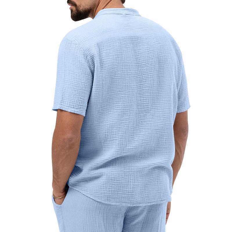 Men's Casual 3-Piece Outfit, Short Sleeve T-Shirt & Shirt With Trousers, Solid Color Summer Lounge Set_viptrois.com