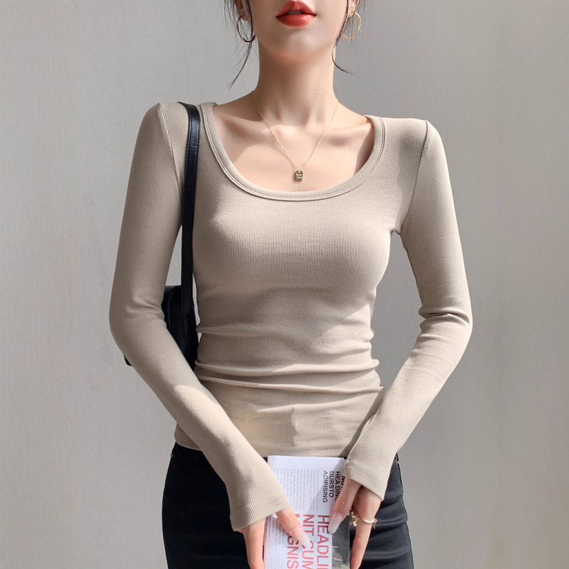 打底衫女内搭2025新款秋冬U领长袖T恤修身纯棉大领口螺纹上衣春秋|undefined