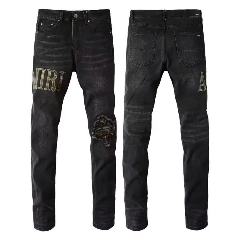 Am Export Slim Fit Elastic Four-Season Splicing Cotton Elastic Embroider Leather Label Ripped Printed Fashion Men's Jeans Collection