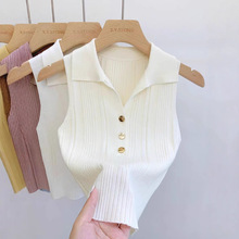 小香风金扣Polo领针织背心女早秋法式无袖独特别致修身上衣打底衫