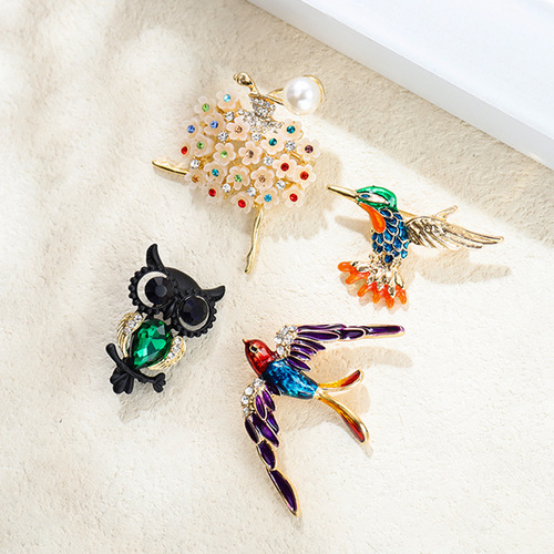 跨境热销高档小动物别针蜘蛛复古满钻猫头鹰胸针法式高级小众饰品