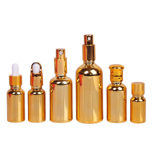 Gold electroplated essential oil bottle, cosmetic fine mist spray bottle, pressed lotion bottle, essence sub-bottling bottle wholesale