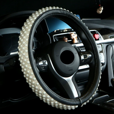 wholesale cross-border pearl and diamond-studded: Steering wheel cover - white-pearl-38cm