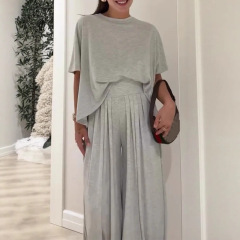 2025欧美跨境亚马逊独立站纯色休闲宽松舒适圆领阔腿裤女士套装