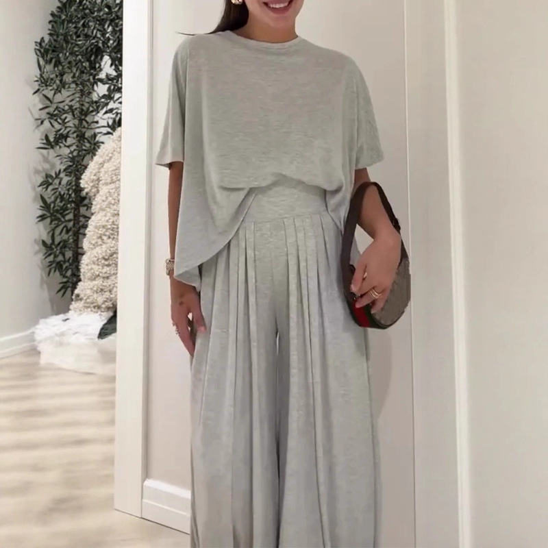 2025欧美跨境亚马逊独立站纯色休闲宽松舒适圆领阔腿裤女士套装|undefined