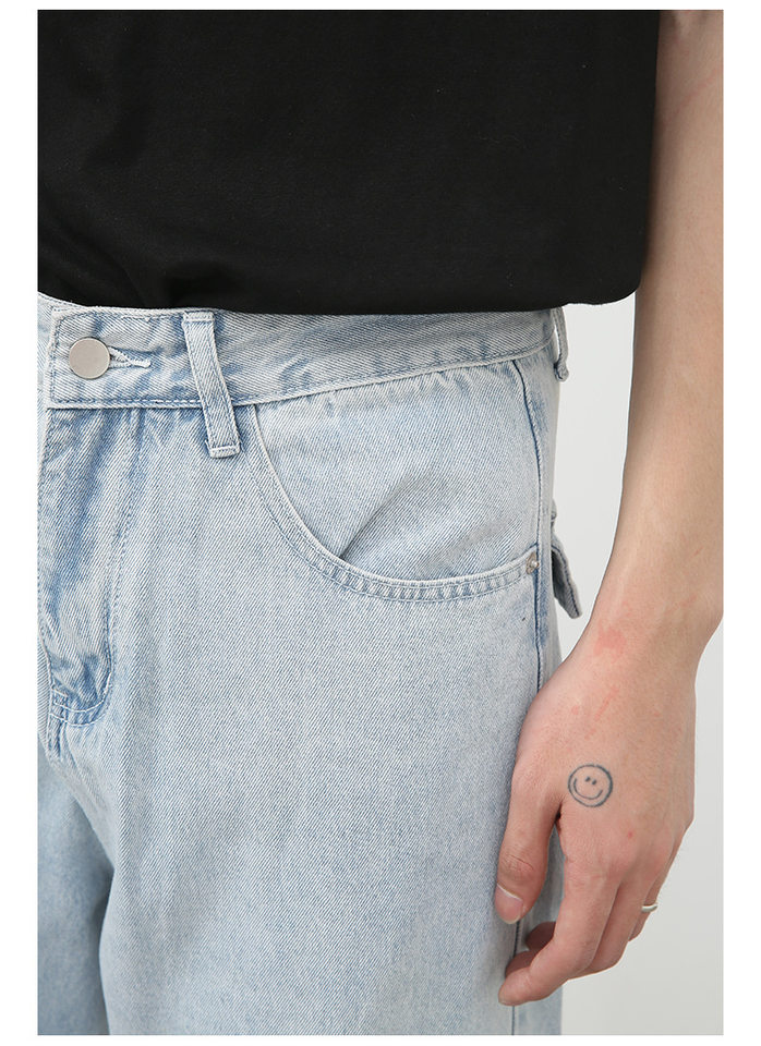 Quần jean nam ống rộng ống đứng dáng suông, vải denim giặt cổ điển, nhiều túi — Màu xanh lam chi tiết 15