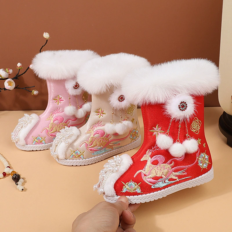 Зимняя утолщение обуви для девочек Hanfu с новогодней обувью для девочек в китайском стиле красная детская вышитая обувь теплая хлопчатобумажная обувь