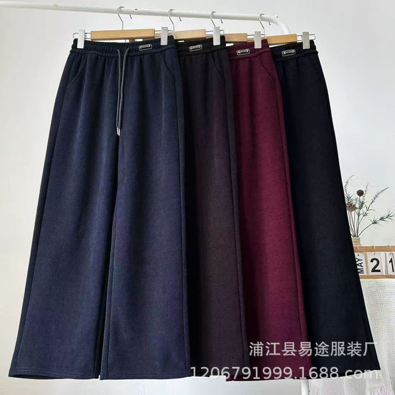 秋冬新款宝石格妈妈裤直筒阔腿裤雪融条加绒保暖大脚妈妈休闲裤