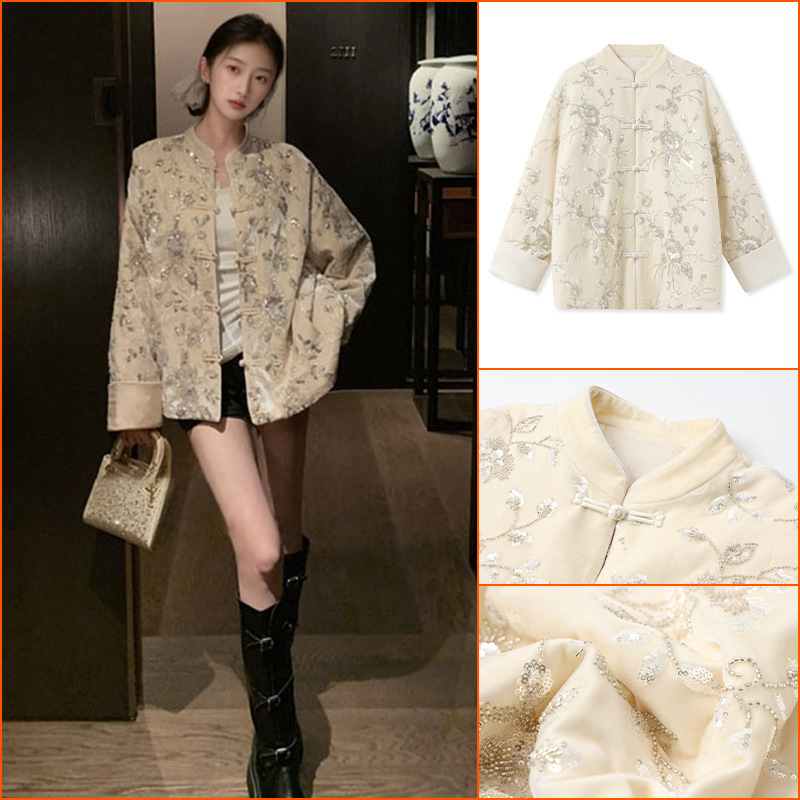 Autumn/Winter 2026 New Style National Style Elegant High-End Sequin Embroidery Long-Sleeve Jacket Cotton Coat My054