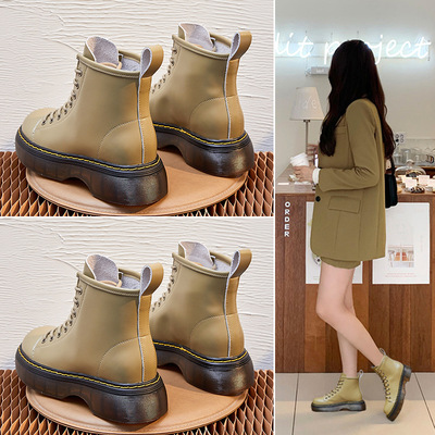 2021新款马丁靴内增高女鞋真皮厚底棉鞋骑士靴牛油果绿超酷|ms