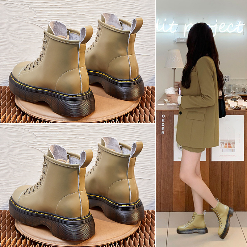 2021新款马丁靴内增高女鞋真皮厚底棉鞋骑士靴牛油果绿超酷|ms