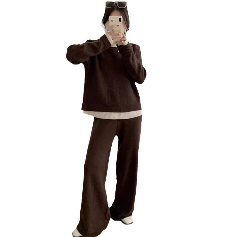 (2개) 대조 컬러 캐주얼 페이크 2 피스 루즈 라운드 넥 니트 세트 가을과 겨울 새로운 탑 와이드 레그 바지 투피스 여성용 의류