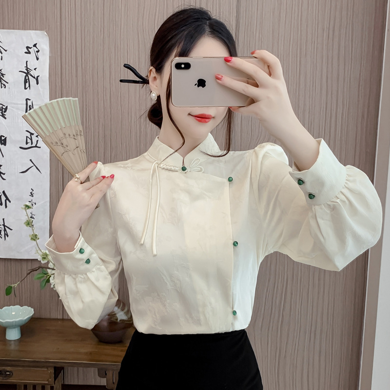 新中式女装盘扣长袖衬衫春装高级感中国风汉服禅意搭配马面裙上衣